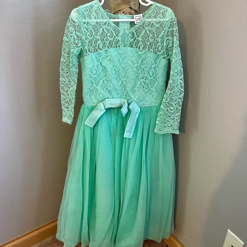 Girls teal lace and tulle dress.